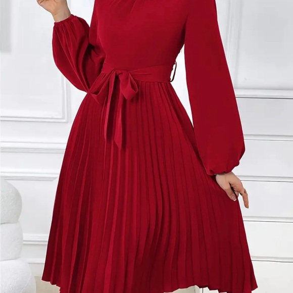 Flattering Pleated Belted Midi Dress - Stylish Crew
Neck & Lantern Sleeves - Picture 4 of 4